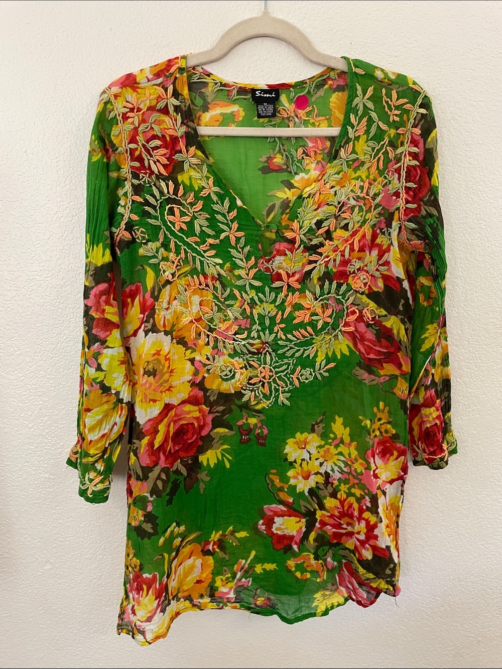 Green Floral Embroidered V-Neck Tunic 100% cotton India Simi 20x32